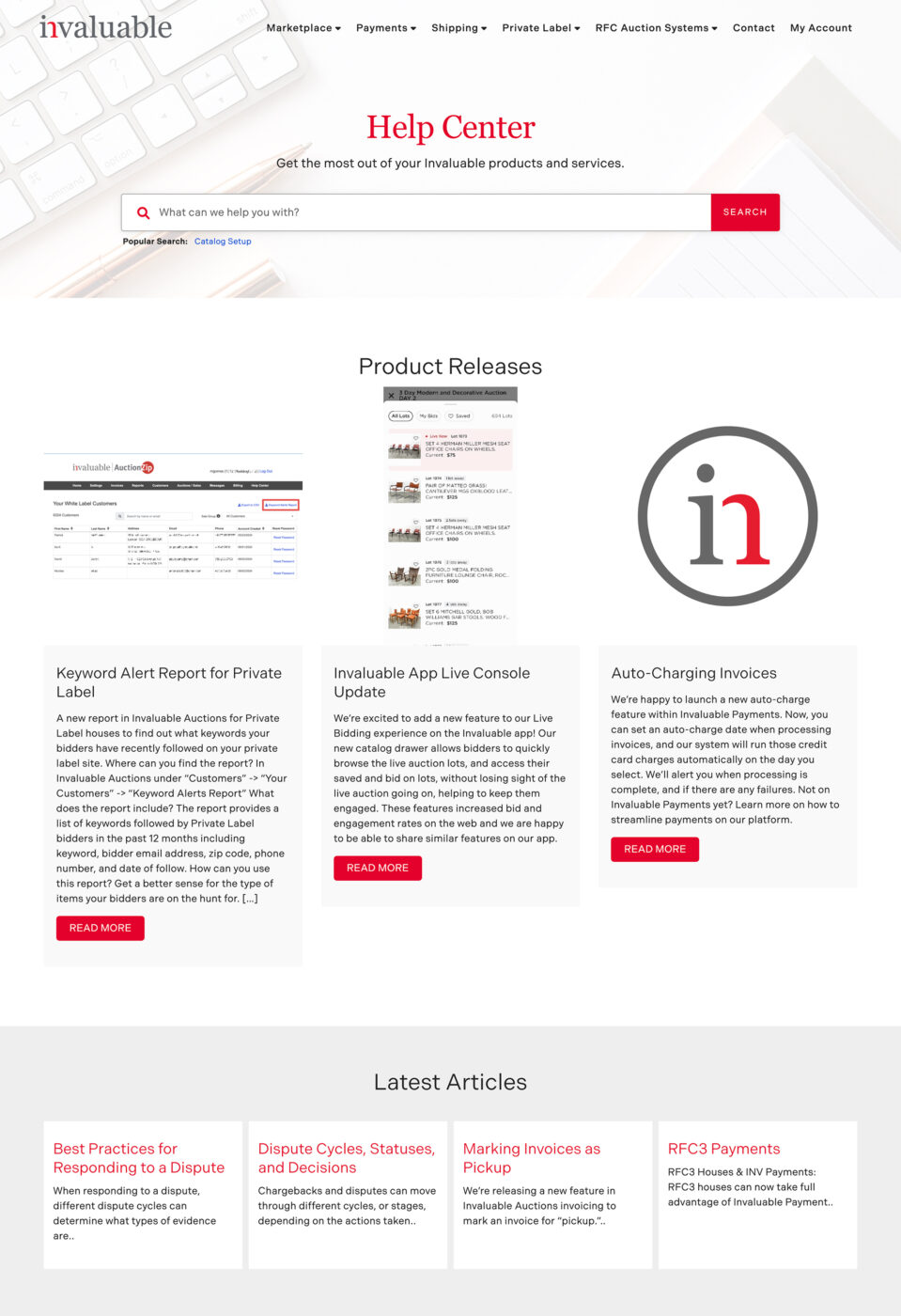 Webpage showcasing new articles and products.