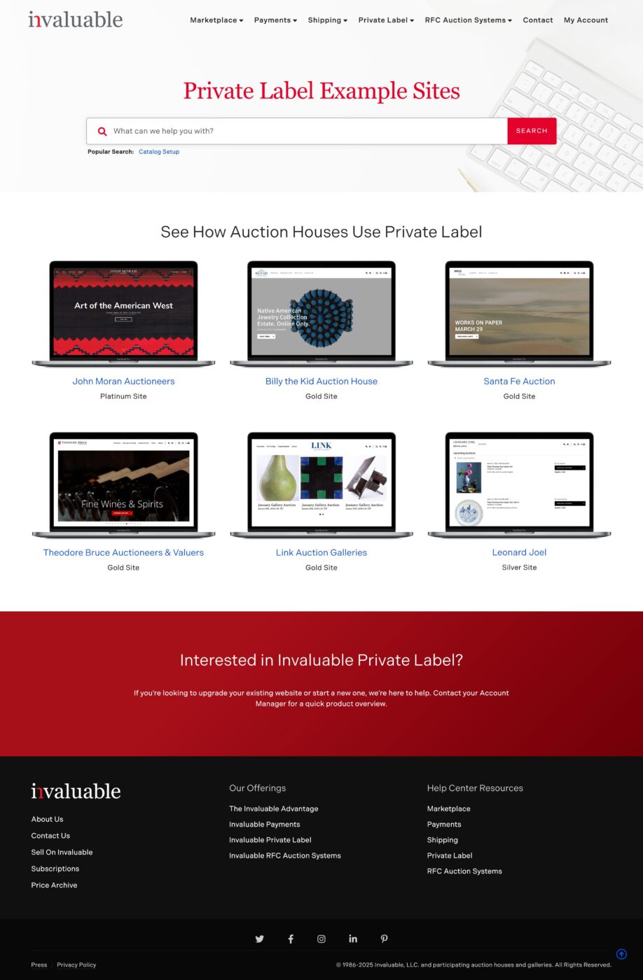 Webpage showing an examples of Private Label sites.