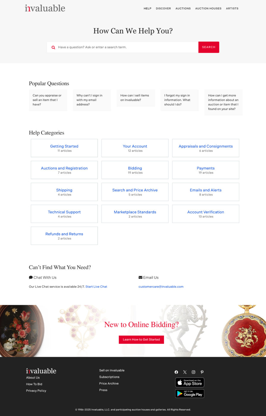 Help page for company Invaluable showing popular questions and categories