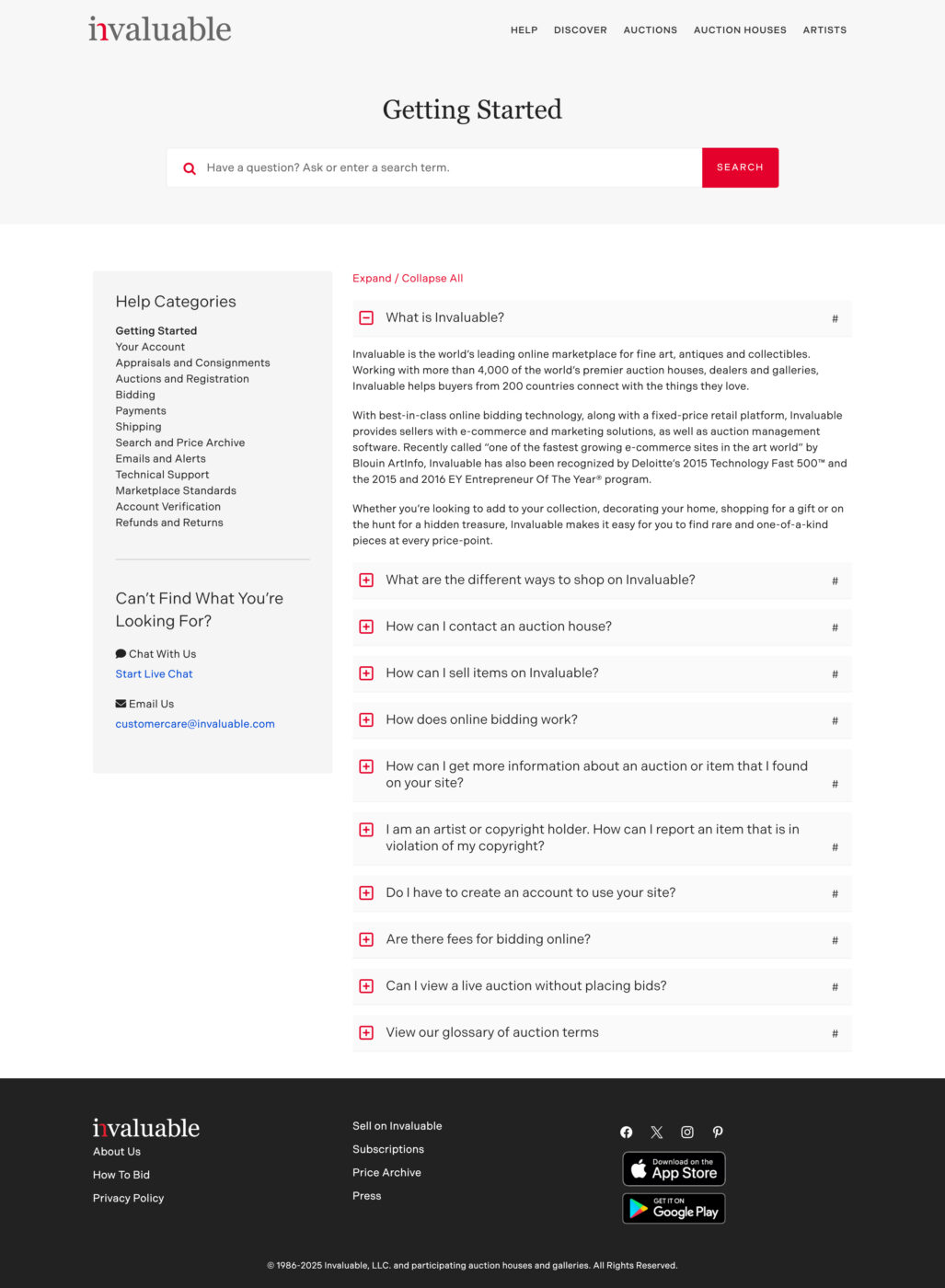 Help page for company Invaluable showing FAQs under the Getting Started category