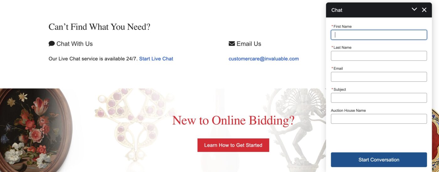 Invaluable Help page showing live chat window activated